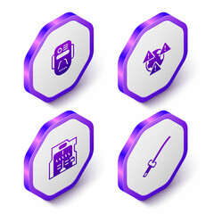 Set Isometric Artificial intelligence robot, Earth with exclamation mark, Futuristic sliding doors and Katana icon. Purple hexagon button. Vector
