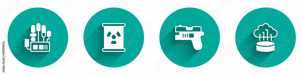 Poster set mechanical robot hand, radioactive waste in barrel, futuristic weapon and network cloud connecti