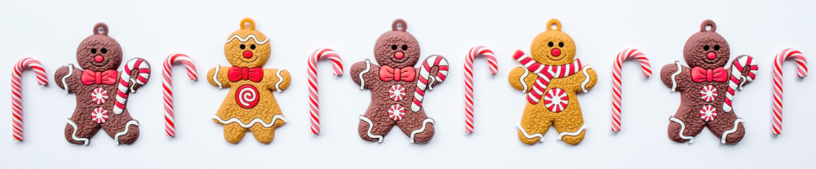 Banner. Gingerbread men and Christmas lollipops on a white isolated background. Cozy concept of New Year and winter holidays. Top view.