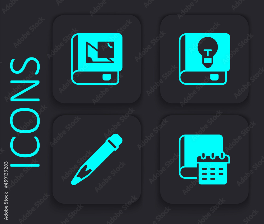 Poster set daily paper notepad, book about geometry, user manual and pencil with eraser icon. black square 