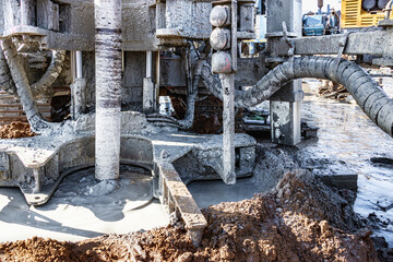A drilling rig is working on a site. Deep hole drilling. Geological exploration work. Mineral exploration. Powerful drill drills a well.
