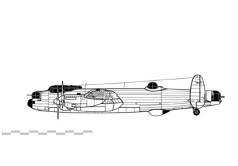 Avro Lancaster. Vector drawing of WW2 heavy bomber. Side view. Image for illustration and infographics. 