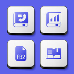 Set Phone book, Financial, FB2 File and Open icon. White square button. Vector