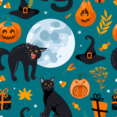 Halloween seamless pattern Black cat, full moon, witch hat, gifts, candy. On a green background. Bright illustration in cartoon style. For nursery, wallpaper, printing on fabric, wrapping, background.