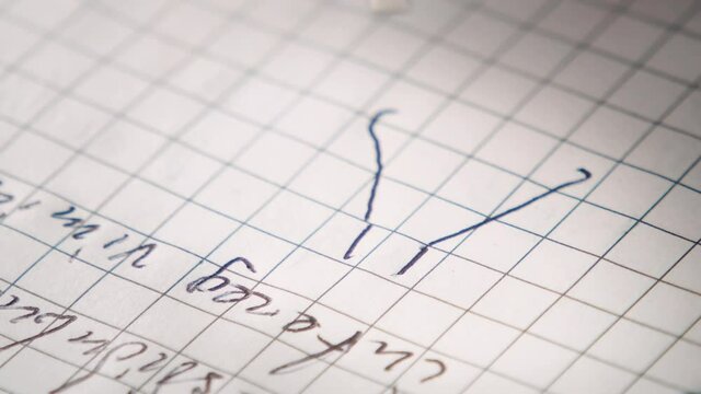 Close-up of a pen drawing. A scientist is sketching a vessel in a notebook with a ballpoint pen. Fake "Lorem Ipsum" text is above the sketch. Close-up macro. Shallow depth of field. 