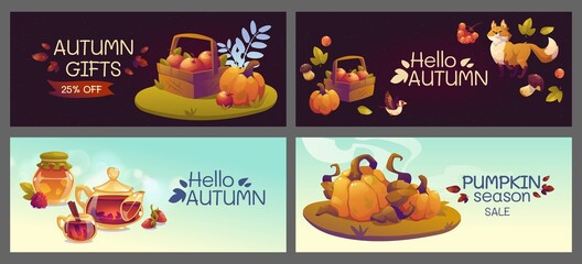 flat horizontal autumn banners set vector design illustration