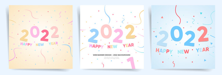Fototapeta na wymiar Vector Happy new year 2022 background with simple geometric colorful text and explosion of geometric shapes. Design for Christmas holiday web banners, flyers and social media greeting posts. 2022 logo