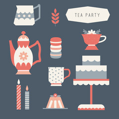 Victorian tea party. Illustrated doodle clip art collection.