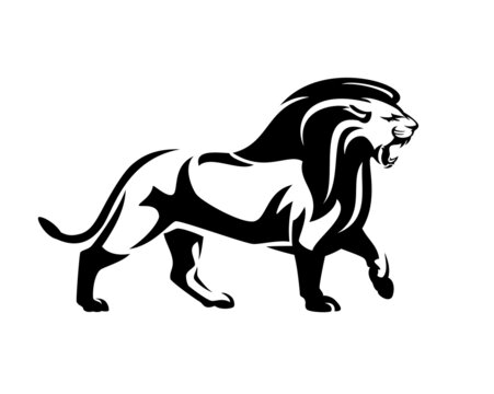 walking and roaring african lion with big mane side view outline - wild animal black and white vector design