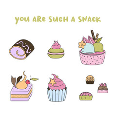 Pack of 6 cute hand drawn dessert illustrations. Pastry, sweets, ice-cream, chocolate, candy.