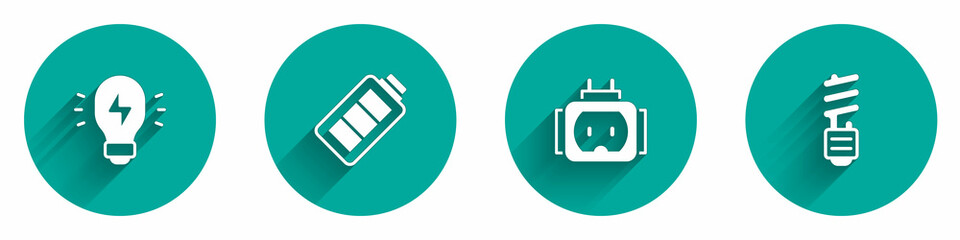 Set Creative lamp light idea, Battery charge, Tee plug electric and LED bulb icon with long shadow. Vector