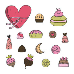 Pack of cute hand drawn dessert illustrations. Pastry, sweets, ice-cream, chocolate, candy.