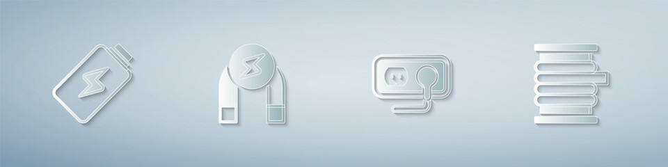 Set Battery charge, Magnet, Electrical outlet and Wire electric cable on reel. Paper art style. Vector