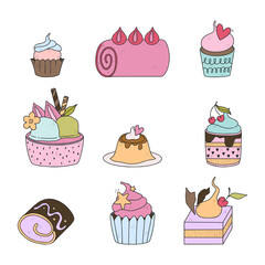 Pack of cute hand drawn dessert illustrations. Pastry, sweets, ice-cream, chocolate, candy.