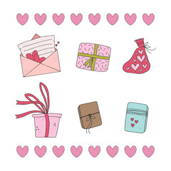 Pack of cute gift boxes, wrappers, bags with presents. Hand drawn valentine day illustrations.