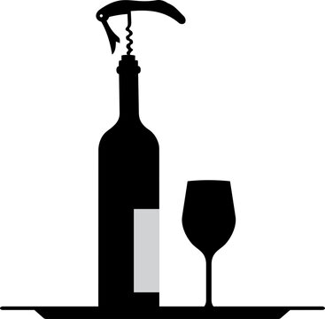 black wine bottle, corkscrew, glass on tray clip art preview