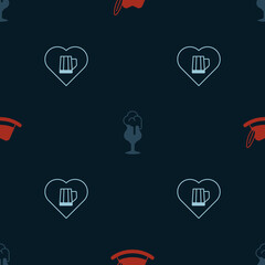 Set Oktoberfest hat, Glass of beer and Heart with glass on seamless pattern. Vector