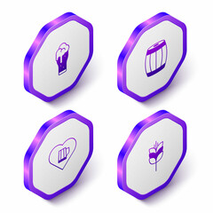 Set Isometric Glass of beer, Wooden barrel, Heart with glass and Wheat icon. Purple hexagon button. Vector