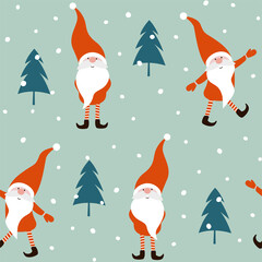 Christmas and New Year seamless pattern for greeting cards, wrapping paper. Merry Christmas gnomes, trees, snow.