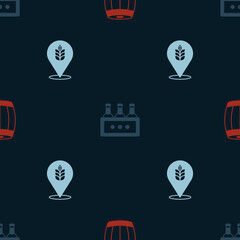 Set Wooden barrel, Pack of beer bottles and Wheat on seamless pattern. Vector