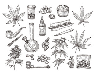 Sketch set of vector drawings of marijuana or cannabis. Plant leaf, pipe, cigarette, buds, seeds and cbd oil. Hand drawn ganja illustration.