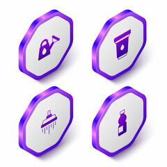 Set Isometric Watering can, filter cartridge, Shower and Bottle of water icon. Purple hexagon button. Vector