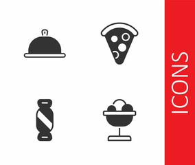 Set Ice cream in the bowl, Covered with tray of food, Candy and Slice pizza icon. Vector