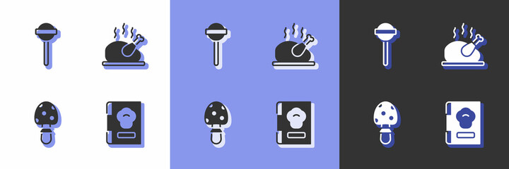 Set Cookbook, Lollipop, Fly agaric mushroom and Roasted turkey or chicken icon. Vector