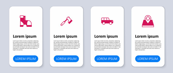 Set Hunt place, Safari car, Wooden axe and Hunter boots. Business infographic template. Vector