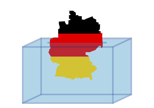 Elecciones en Alemania. Urna electoral con el mapa de Alemania y su bandera