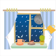 vector image of a succulent, a cup and a cake on a windowsill. Image of cozy rany evening spent at home  with a view on a rain and a moon