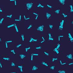 Set Trap hunting, Flashlight, Deer antlers on shield and Pistol or gun on seamless pattern. Vector