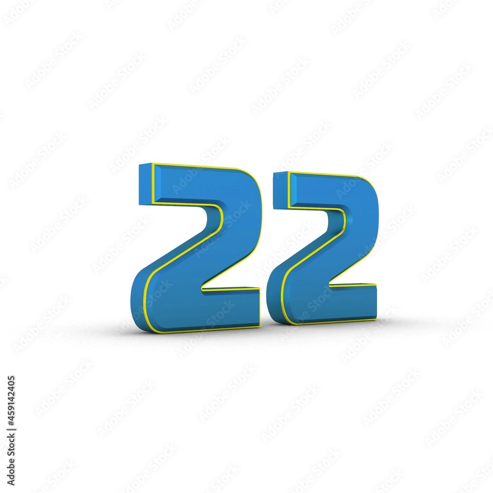Poster 3d number 22 on a white background with a shadow at the bottom.