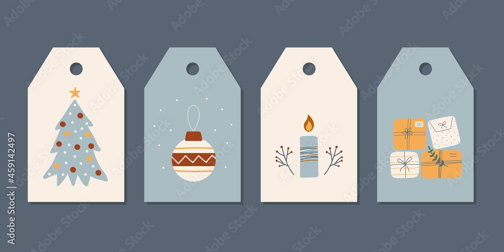 Wall mural Set of New Year's hand drawn labels tags with a candle, Christmas toy, tree, plants and gift boxes. Modern cartoon vector illustration