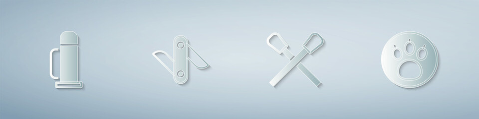 Set Thermos container, Swiss army knife, Burning match with fire and Paw search. Paper art style. Vector