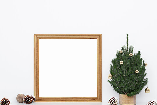 wooden frame mockup with christmas tree