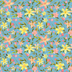 Fototapeta na wymiar Watercolor floral seamless pattern on blue background. Hand drawn delicate botanical repeat print. Flowers and leaves vintage design for textile, fabric, apparel, wrapping paper, packaging, wallpaper
