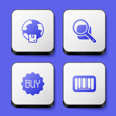 Set Worldwide shipping, Magnifying glass, Buy button and Barcode icon. White square button. Vector