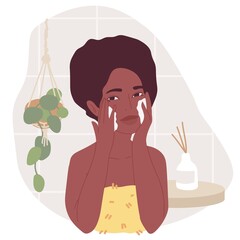 Illustration with African American young women who uses foam for washing. Skincare routine set. Flat cartoon vector illustration.