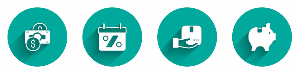 Set Stacks paper money cash, Discount percent tag, Delivery hand with box and Piggy bank icon with long shadow. Vector