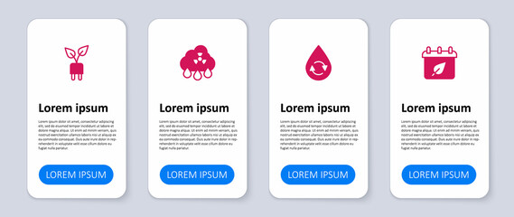 Set Calendar with autumn leaves, Recycle clean aqua, Acid rain radioactive cloud and Electric saving plug leaf. Business infographic template. Vector