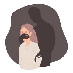 Hand of man covering woman's mouth. Domestic violence and abusing. Stop violence against women concept illustration. - obrazy, fototapety, plakaty