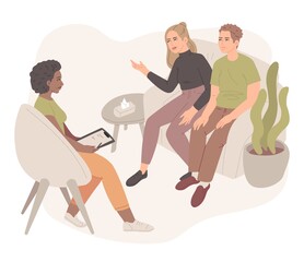 Psychotherapy. Family psychologist speaking with couple, family psychiatry concept vector illustration