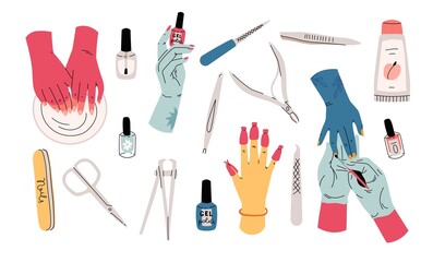 Multicolored hands with manicure. doodle tools set with nail polish, scissors, polish, cream. Nail studio, salon banner. Beauty icons for spa. Vector illustration.