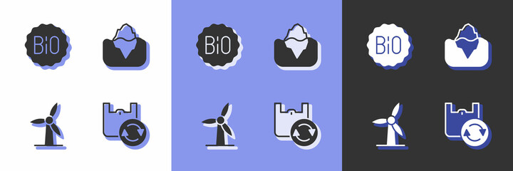 Set Shopping bag with recycle, Banner for bio, Wind turbine and Iceberg icon. Vector