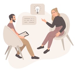 Flat set illustration of a woman at a psychologist's appointment. Psychotherapy, the concept of treating mental problems or depression.