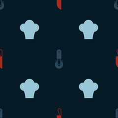 Set Knife, Pizza knife and Chef hat on seamless pattern. Vector