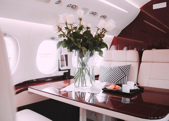 luxury interior in a business class plane before departure