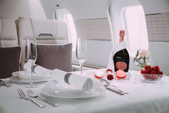 luxury interior in a business class plane before departure