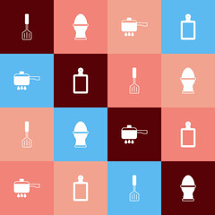 Set pop art Spatula, Chicken egg on stand, Cooking pot fire and Cutting board icon. Vector